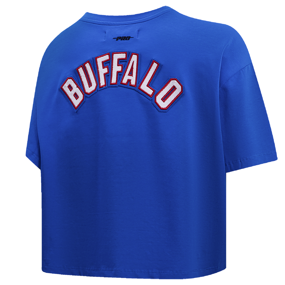 NFL BUFFALO BILLS CLASSIC CHENILLE T-SHIRT À MANCHES COURTES ET À COUPE CARRÉE POUR FEMME (BLEU ROYAL)