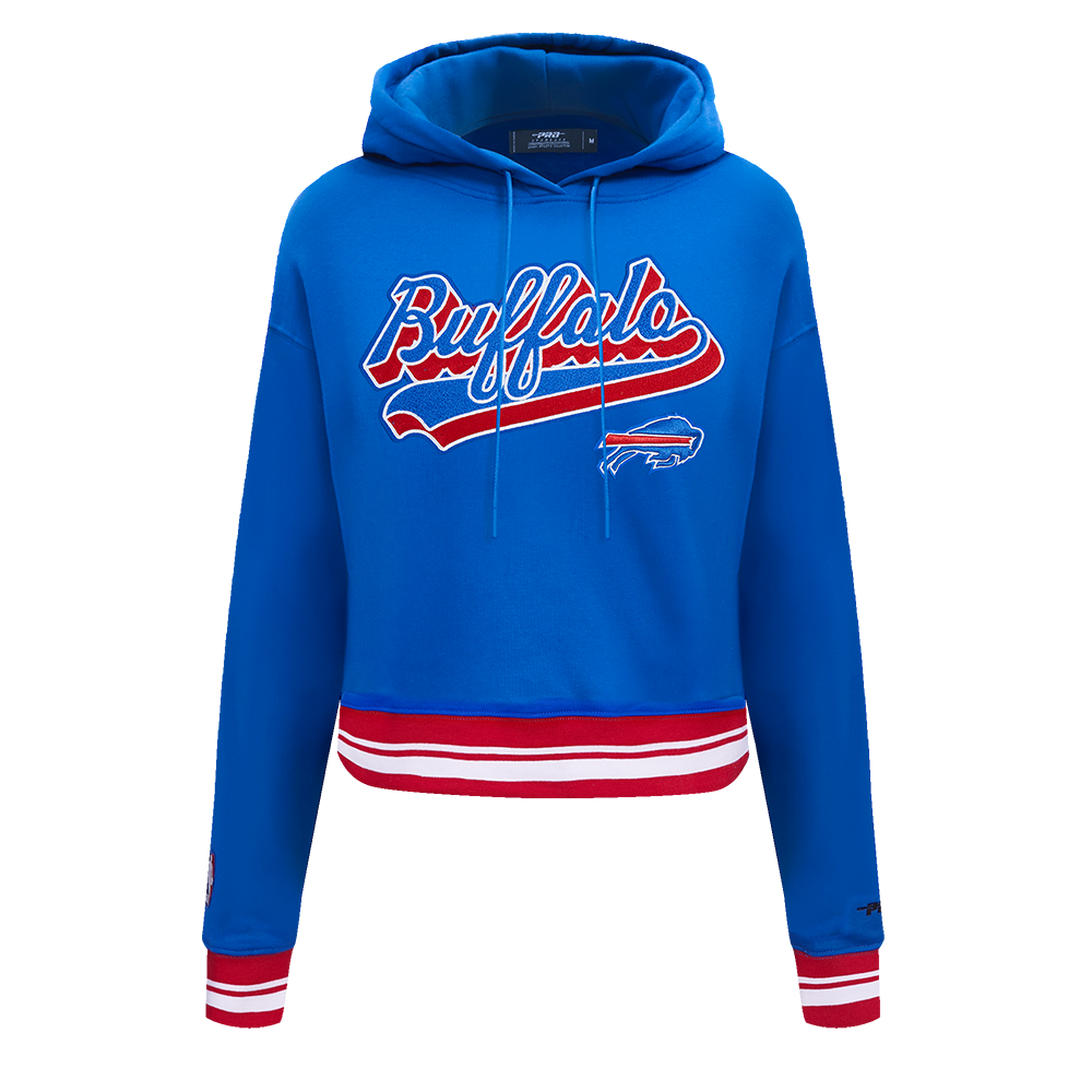 NFL BUFFALO BILLS SCRIPT TAIL CHANDAIL À CAPUCHON COURT EN MOLLETON CÔTELÉ POUR FEMME (BLEU ROYAL/ROUGE)