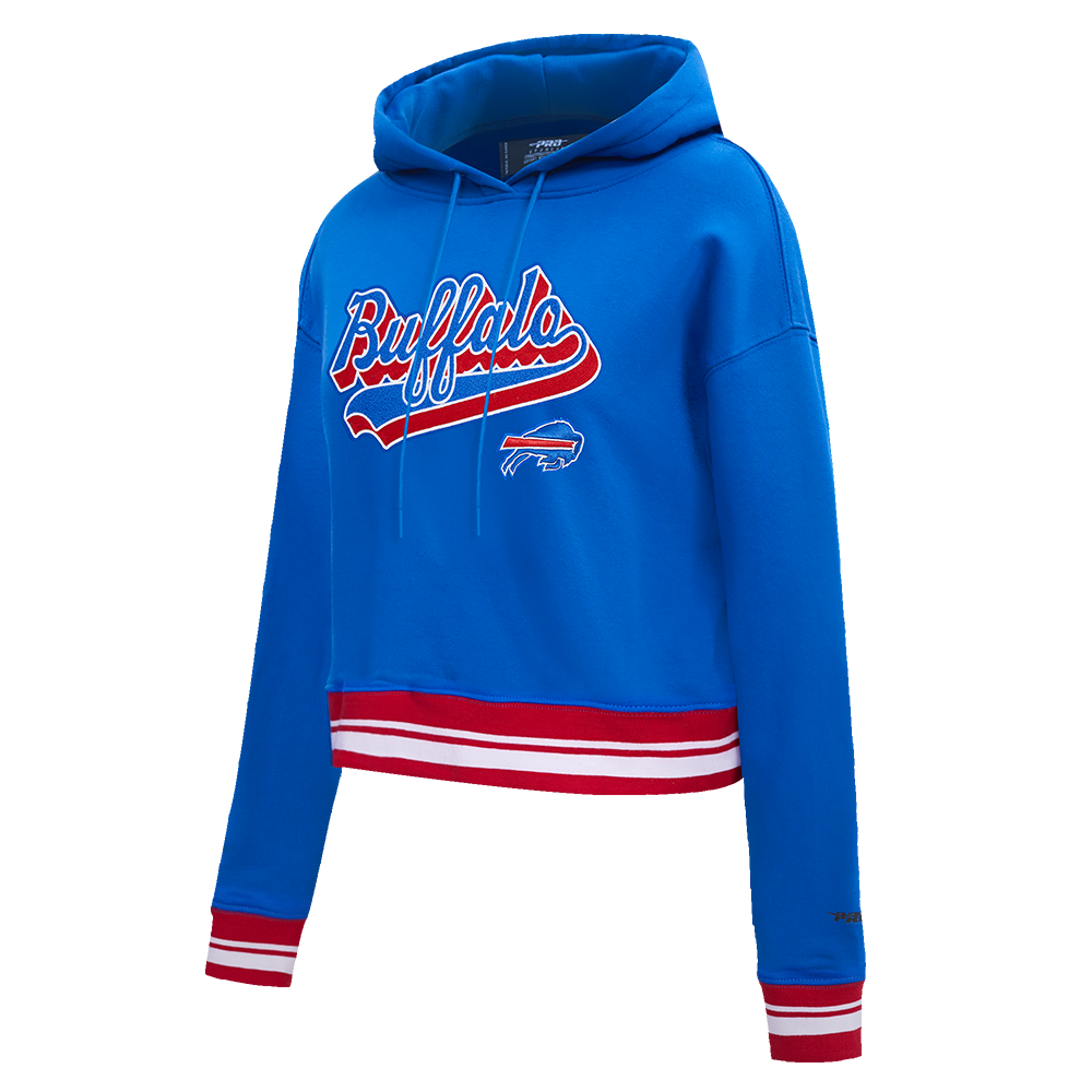 NFL BUFFALO BILLS SCRIPT TAIL CHANDAIL À CAPUCHON COURT EN MOLLETON CÔTELÉ POUR FEMME (BLEU ROYAL/ROUGE)