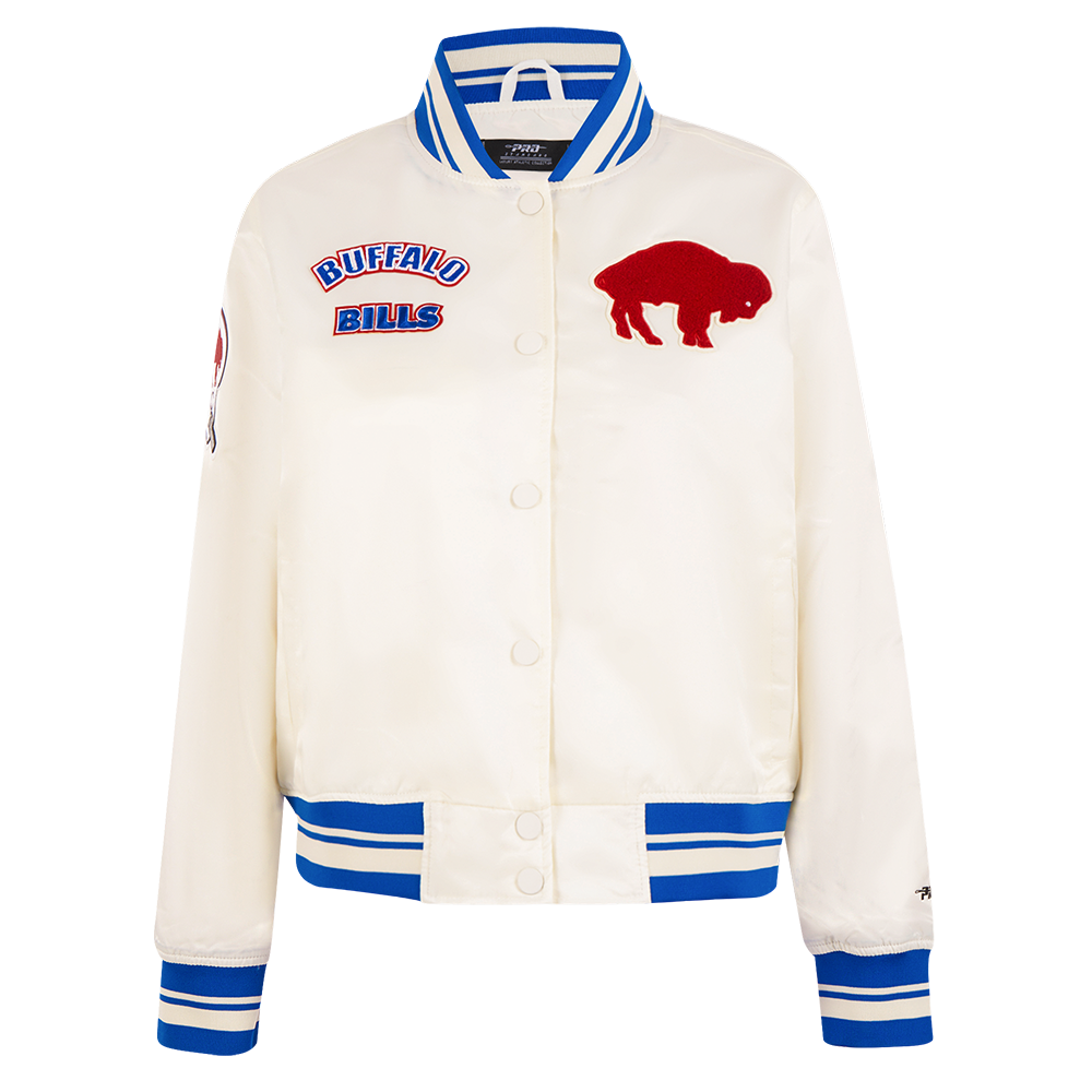 NFL BUFFALO BILLS RETRO CLASSIC BLOUSON EN SATIN À BORDS CÔTELÉS POUR FEMME (COQUILLE D'ŒUF/BLEU ROYAL)