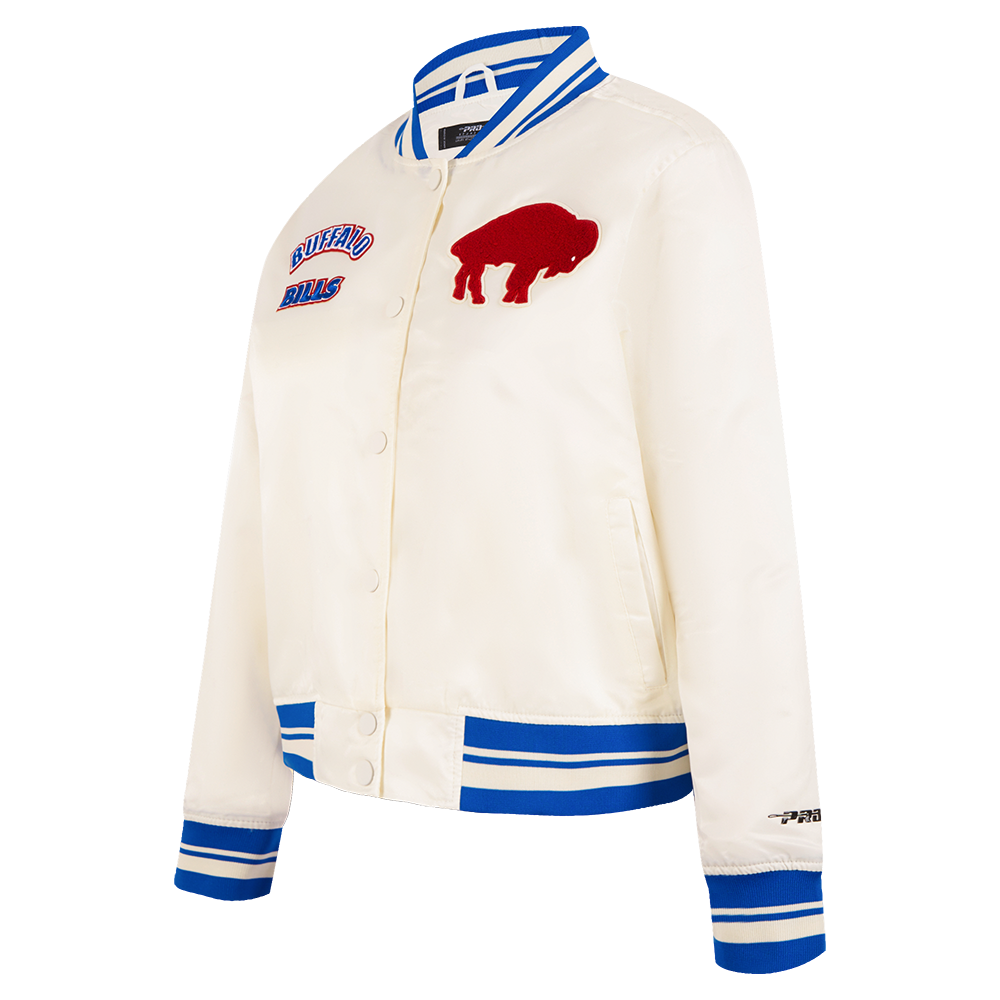 NFL BUFFALO BILLS RETRO CLASSIC WOMEN'S RIB SATIN JACKET (EGGSHELL/ ROYAL BLUE)