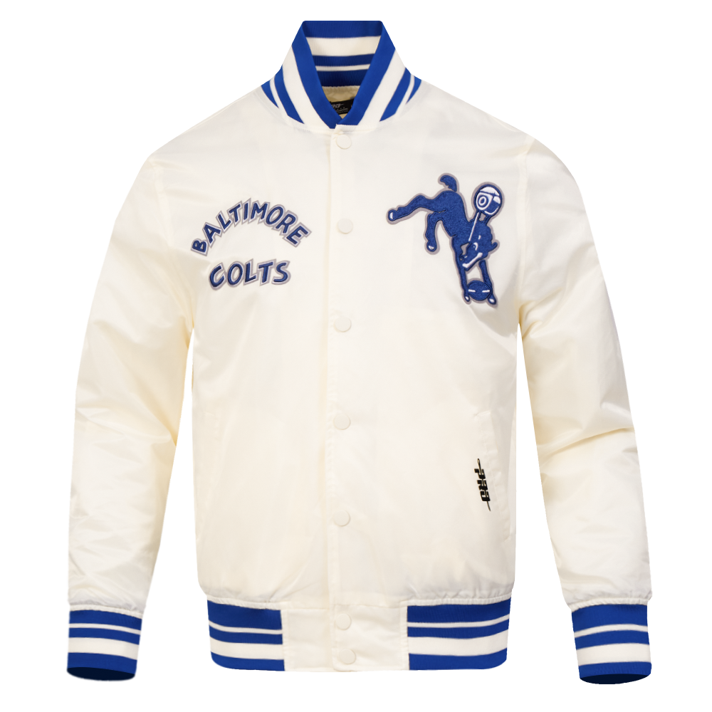NFL BALTIMORE COLTS RETRO CLASSIC BLOUSON EN SATIN À BORDS CÔTELÉS POUR HOMME (COQUILLE D'ŒUF/BLEU ROYAL)