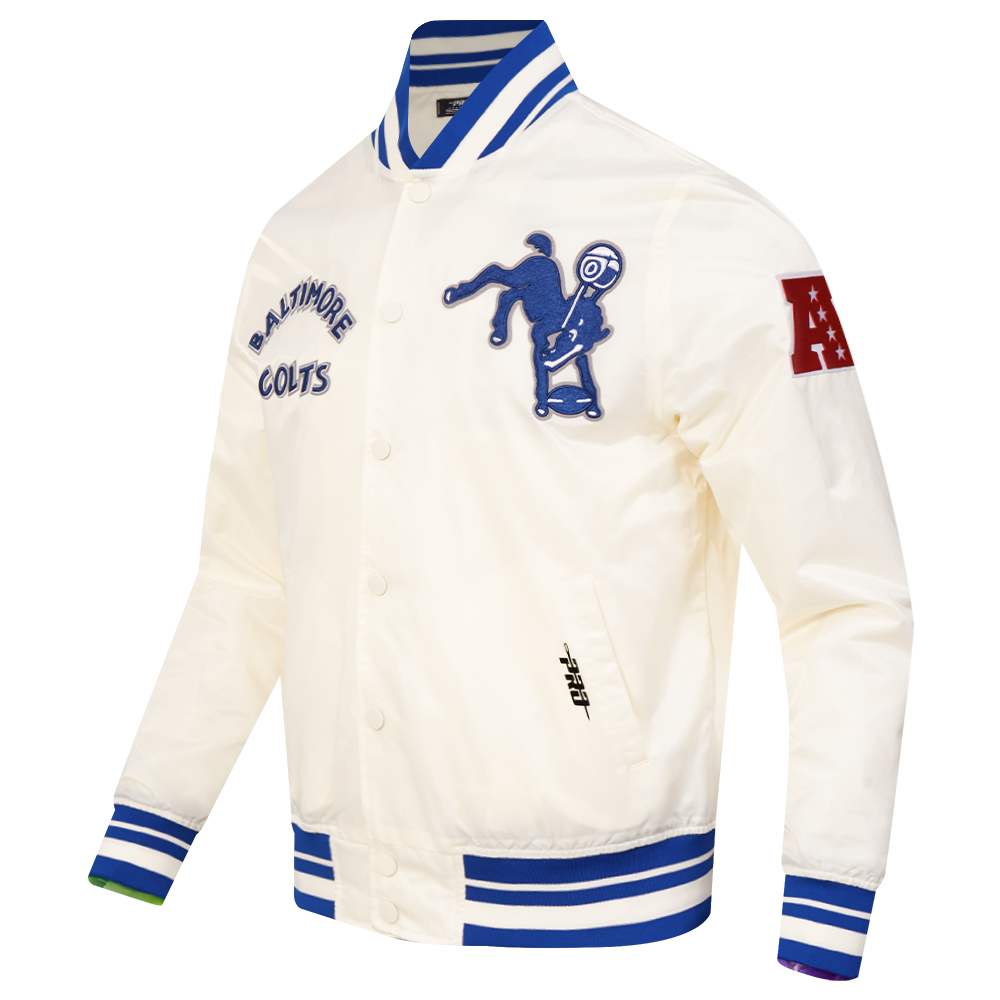 NFL BALTIMORE COLTS RETRO CLASSIC BLOUSON EN SATIN À BORDS CÔTELÉS POUR HOMME (COQUILLE D'ŒUF/BLEU ROYAL)