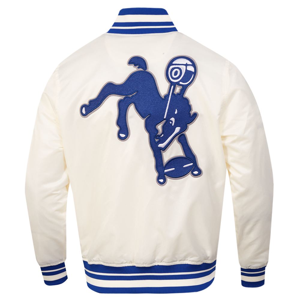 NFL BALTIMORE COLTS RETRO CLASSIC BLOUSON EN SATIN À BORDS CÔTELÉS POUR HOMME (COQUILLE D'ŒUF/BLEU ROYAL)
