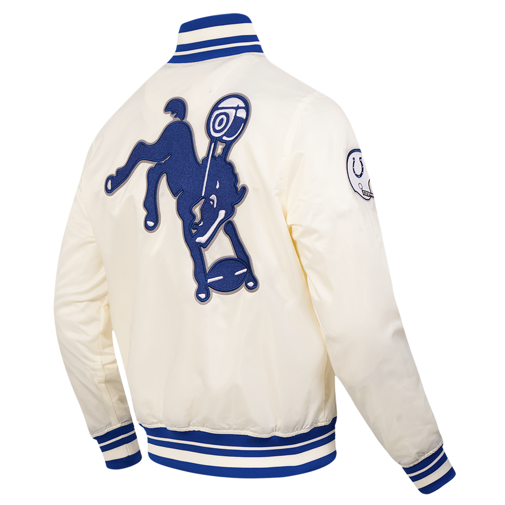 NFL BALTIMORE COLTS RETRO CLASSIC BLOUSON EN SATIN À BORDS CÔTELÉS POUR HOMME (COQUILLE D'ŒUF/BLEU ROYAL)