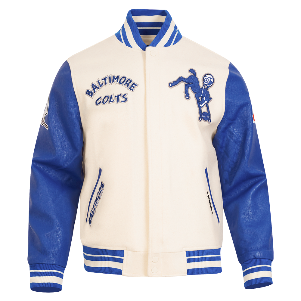 NFL BALTIMORE COLTS RETRO CLASSIC BLOUSON COLLÉGIAL EN LAINE À BORDS CÔTELÉS POUR HOMME (COQUILLE D'ŒUF/BLEU ROYAL)