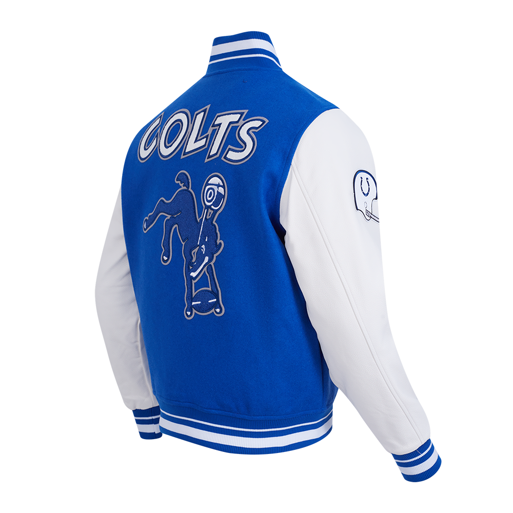 NFL BALTIMORE COLTS RETRO CLASSIC BLOUSON COLLÉGIAL EN LAINE À BORDS CÔTELÉS POUR HOMME (BLEU ROYAL/BLANC)