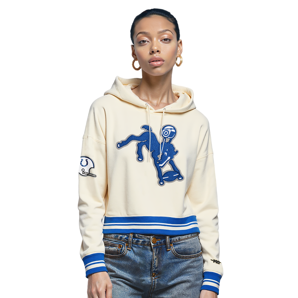 NFL BALTIMORE COLTS RETRO CLASSIC CHANDAIL À CAPUCHON COURT CÔTELÉ POUR FEMME (COQUILLE D'ŒUF/BLEU ROYAL)