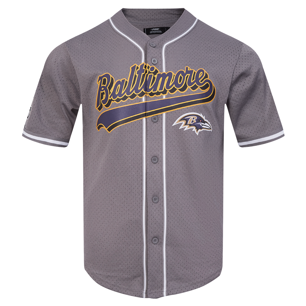 NFL BALTIMORE RAVENS SCRIPT TAIL MEN'S MESH BUTTON DOWN SHIRT (GRAY)