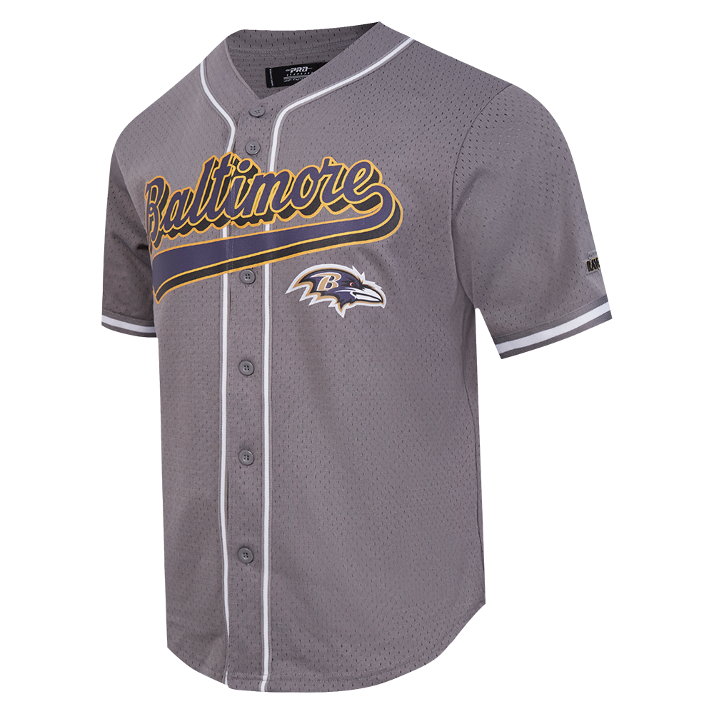 NFL BALTIMORE RAVENS SCRIPT TAIL MEN'S MESH BUTTON DOWN SHIRT (GRAY)