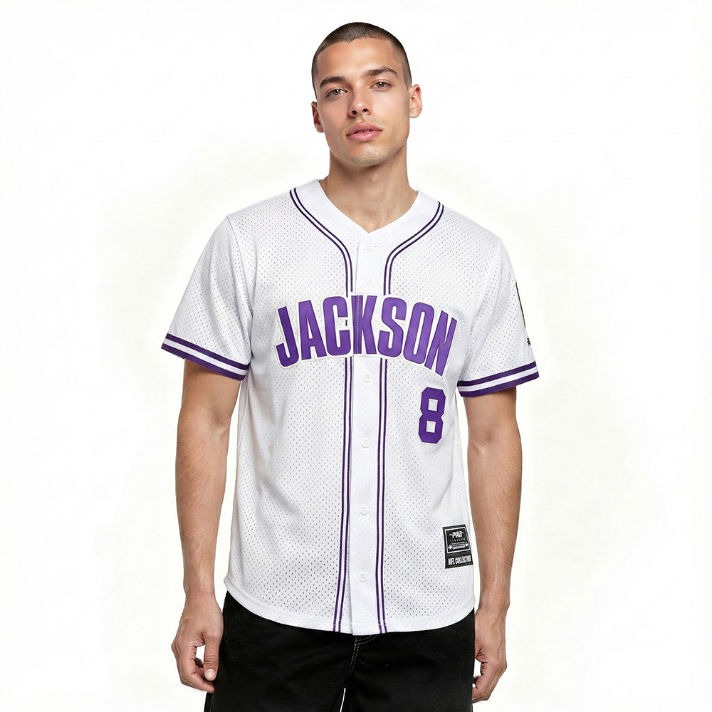 NFL BALTIMORE RAVENS LAMAR JACKSON #8 CLASSIC MESH PNN CHEMISE BOUTONNÉE EN FILET POUR HOMME (BLANC/VIOLET)