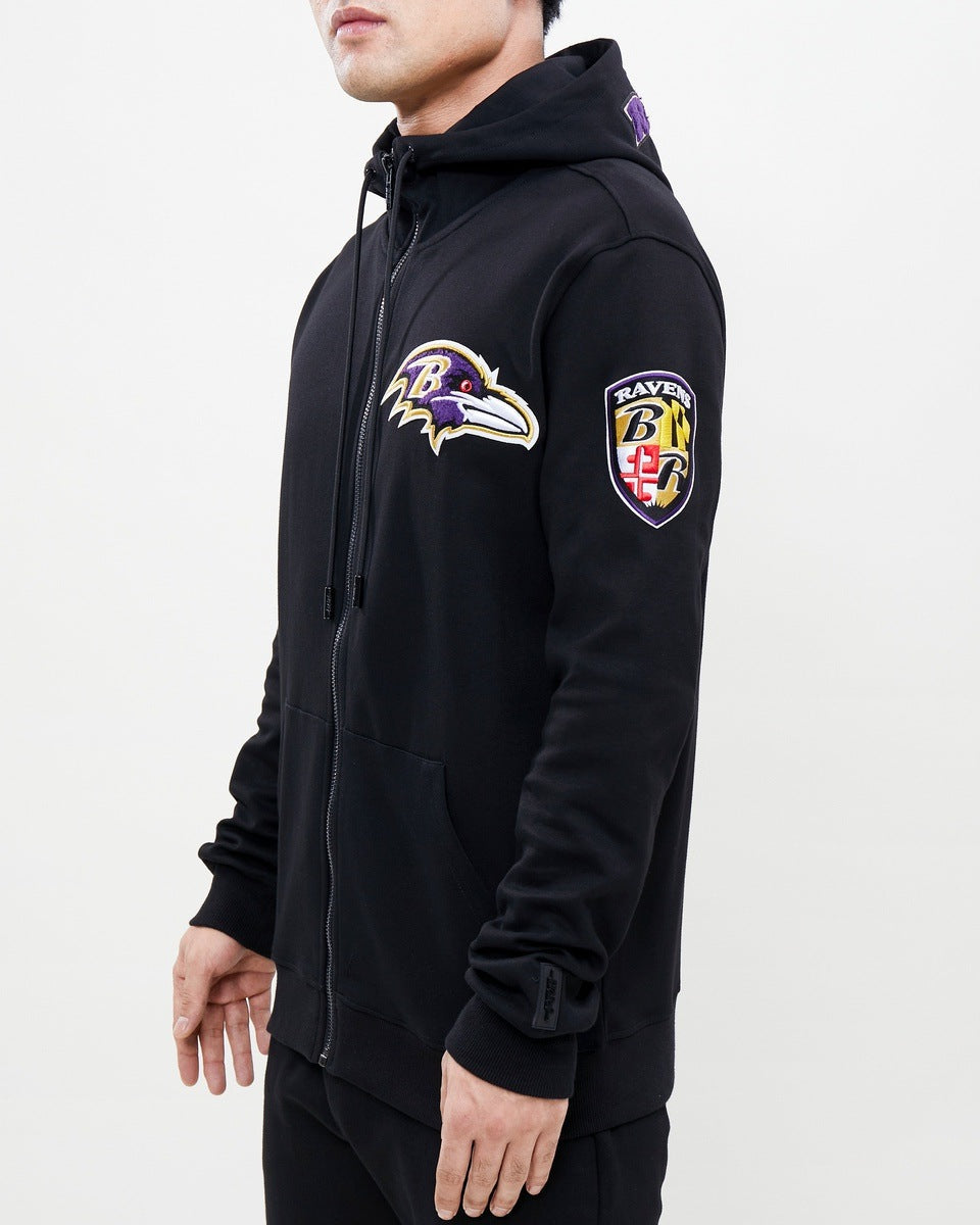 NFL BALTIMORE RAVENS CLASSIC CHENILLE MEN'S FULL ZIP PULLOVER HOODIE (BLACK)