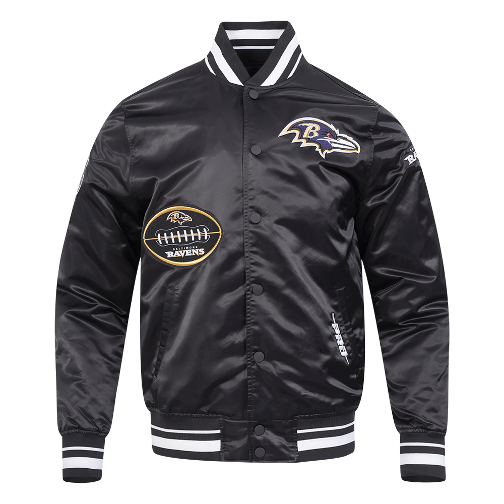 NFL BALTIMORE RAVENS OLD ENGLISH MEN'S RIB SATIN JACKET (BLACK)