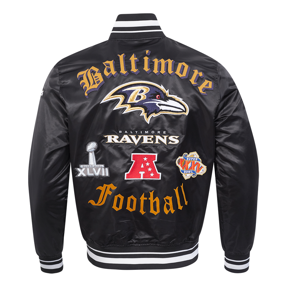 NFL BALTIMORE RAVENS OLD ENGLISH MEN'S RIB SATIN JACKET (BLACK)