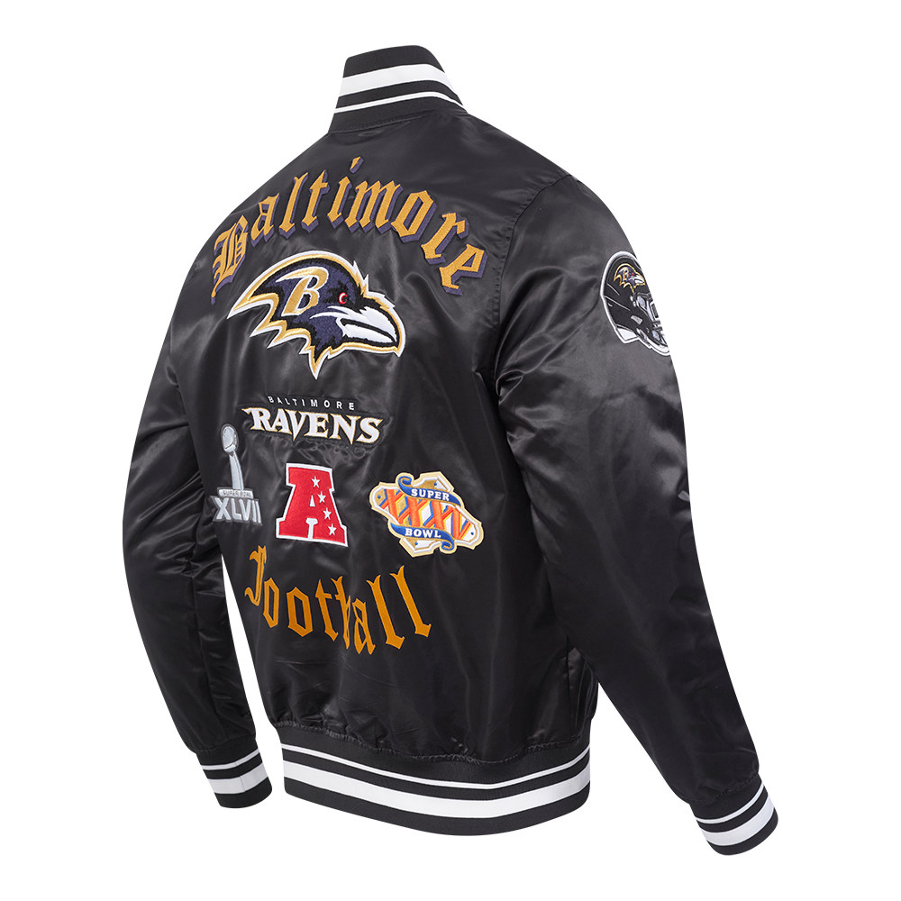 NFL BALTIMORE RAVENS OLD ENGLISH MEN'S RIB SATIN JACKET (BLACK)