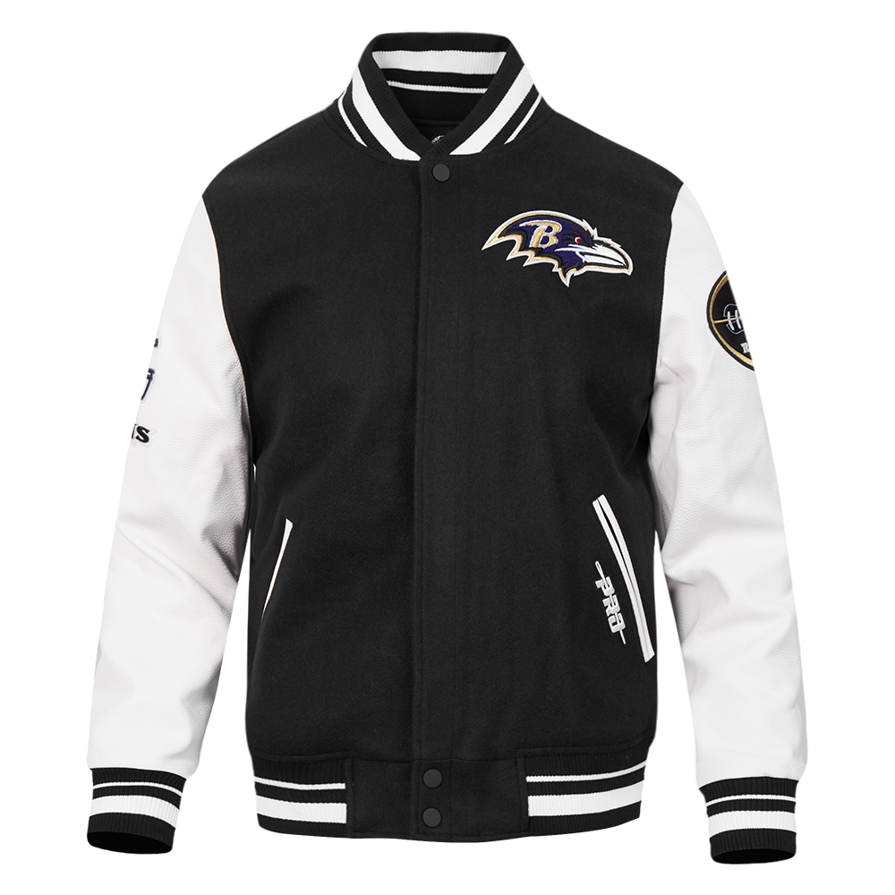 NFL BALTIMORE RAVENS OLD ENGLISH MEN'S RIB WOOL VARSITY JACKET (BLACK/WHITE)