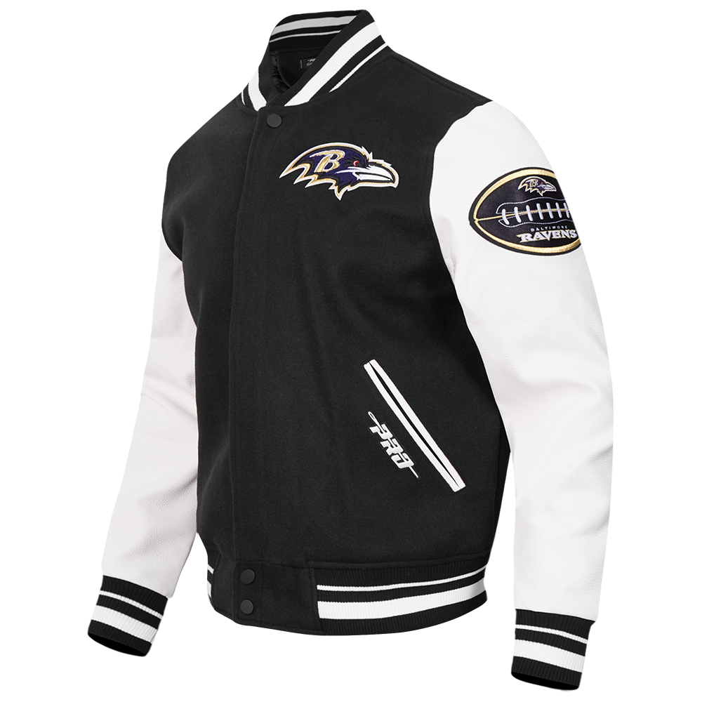 NFL BALTIMORE RAVENS OLD ENGLISH MEN'S RIB WOOL VARSITY JACKET (BLACK/WHITE)