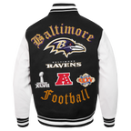 NFL BALTIMORE RAVENS OLD ENGLISH MEN'S RIB WOOL VARSITY JACKET (BLACK/WHITE)
