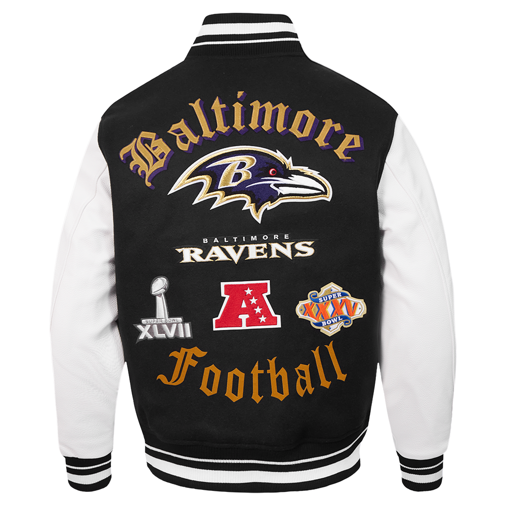 NFL BALTIMORE RAVENS OLD ENGLISH MEN'S RIB WOOL VARSITY JACKET (BLACK/WHITE)