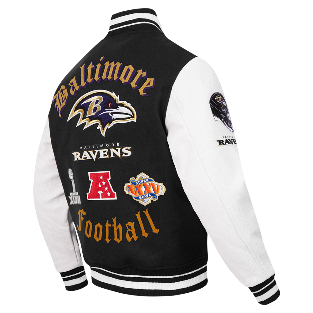 NFL BALTIMORE RAVENS OLD ENGLISH MEN'S RIB WOOL VARSITY JACKET (BLACK/WHITE)