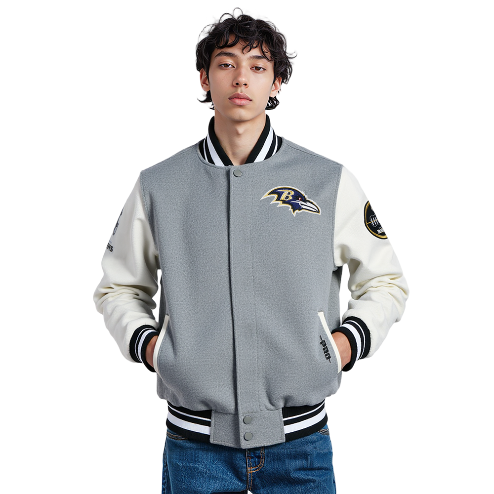 NFL BALTIMORE RAVENS OLD ENGLISH BLOUSON COLLÉGIAL EN LAINE À BORDS CÔTELÉS POUR HOMME (GRIS CHINÉ/BLANC/NOIR)