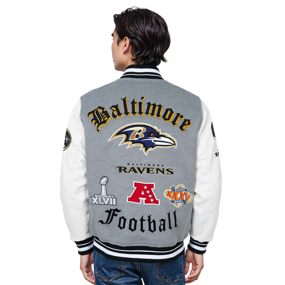 NFL BALTIMORE RAVENS OLD ENGLISH BLOUSON COLLÉGIAL EN LAINE À BORDS CÔTELÉS POUR HOMME (GRIS CHINÉ/BLANC/NOIR)