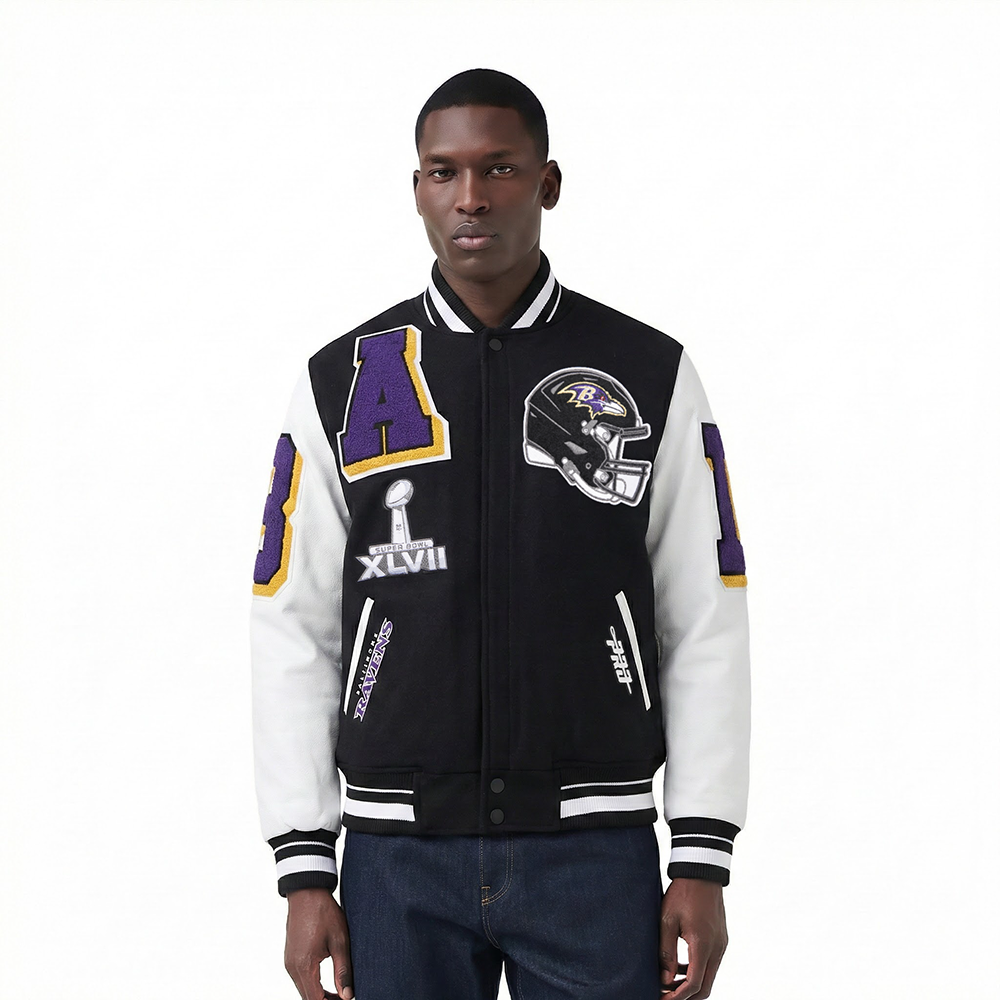 NFL BALTIMORE RAVENS MASH UP BLOUSON COLLÉGIAL EN LAINE À BORDS CÔTELÉS POUR HOMME (NOIR/BLANC)