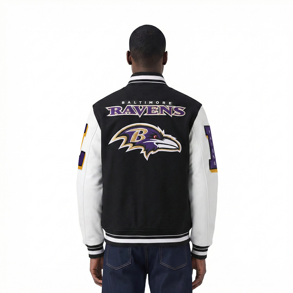 NFL BALTIMORE RAVENS MASH UP MEN'S RIB WOOL VARSITY JACKET (BLACK/WHITE)