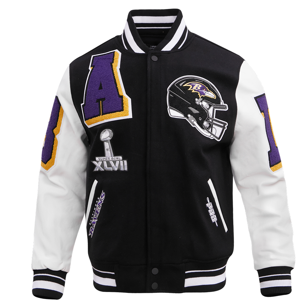 NFL BALTIMORE RAVENS MASH UP BLOUSON COLLÉGIAL EN LAINE À BORDS CÔTELÉS POUR HOMME (NOIR/BLANC)