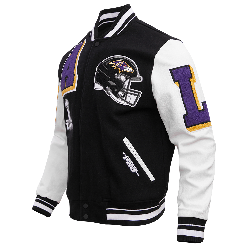 NFL BALTIMORE RAVENS MASH UP BLOUSON COLLÉGIAL EN LAINE À BORDS CÔTELÉS POUR HOMME (NOIR/BLANC)