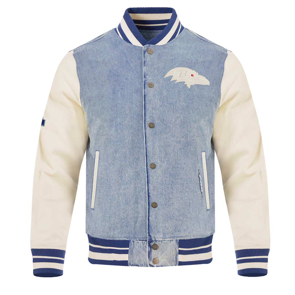 NFL BALTIMORE RAVENS VARSITY BLUES MEN'S DENIM VARSITY JACKET (DENIM/LINEN)