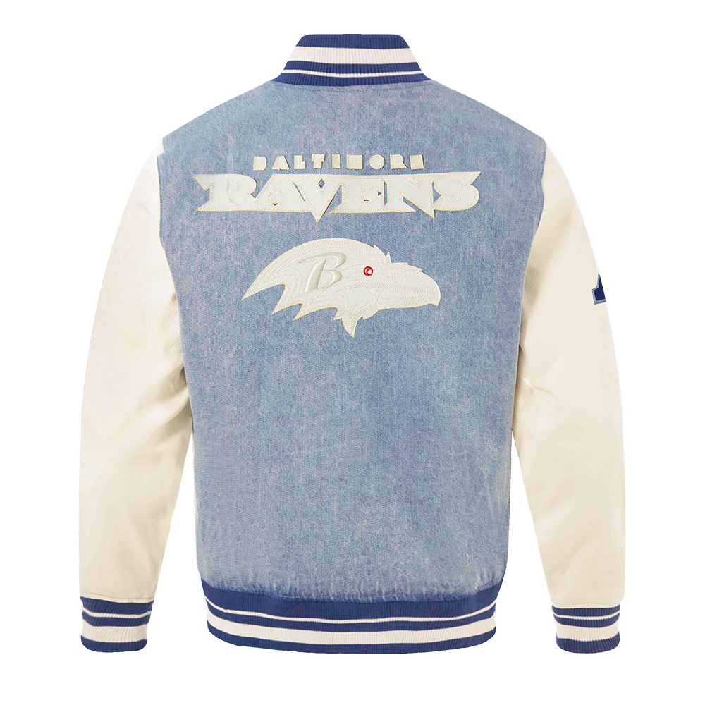 NFL BALTIMORE RAVENS VARSITY BLUES MEN'S DENIM VARSITY JACKET (DENIM/LINEN)