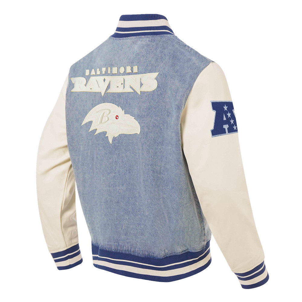 NFL BALTIMORE RAVENS VARSITY BLUES MEN'S DENIM VARSITY JACKET (DENIM/LINEN)