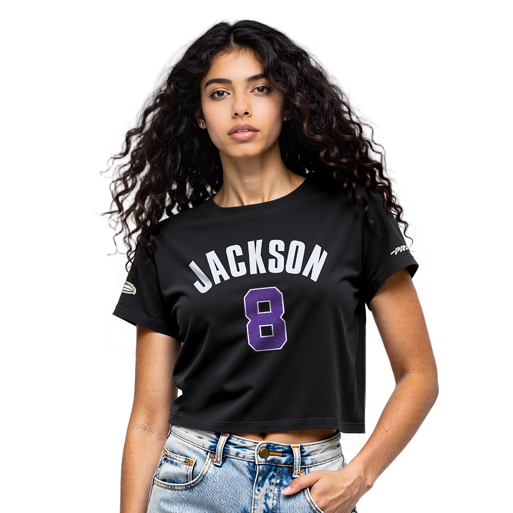 NFL BALTIMORE RAVENS LAMAR JACKSON #8 CLASSIC PNN WOMEN'S SJ BOXY TEE (BLACK)