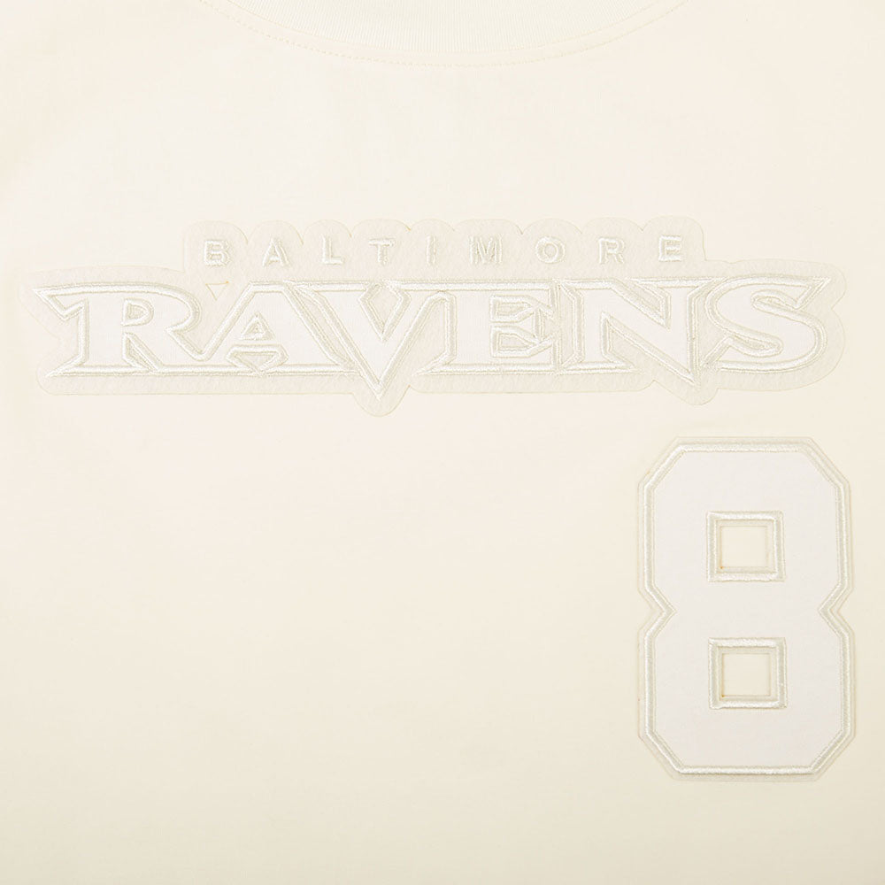 NFL BALTIMORE RAVENS LAMAR JACKSON #8 NEUTRAL T-SHIRT EN JERSEY SIMPLE À COUPE CARRÉE POUR FEMME (COQUILLE D'ŒUF)
