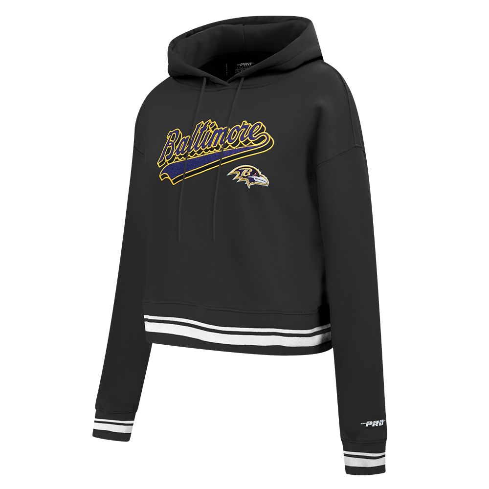 NFL BALTIMORE RAVENS SCRIPT TAIL WOMEN'S RIB FLC CROPPED PO HOODIE (BLACK)