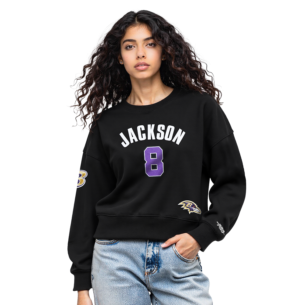 NFL BALTIMORE RAVENS LAMAR JACKSON #8 CLASSIC PNN WOMEN'S FLC CREWNECK (BLACK)