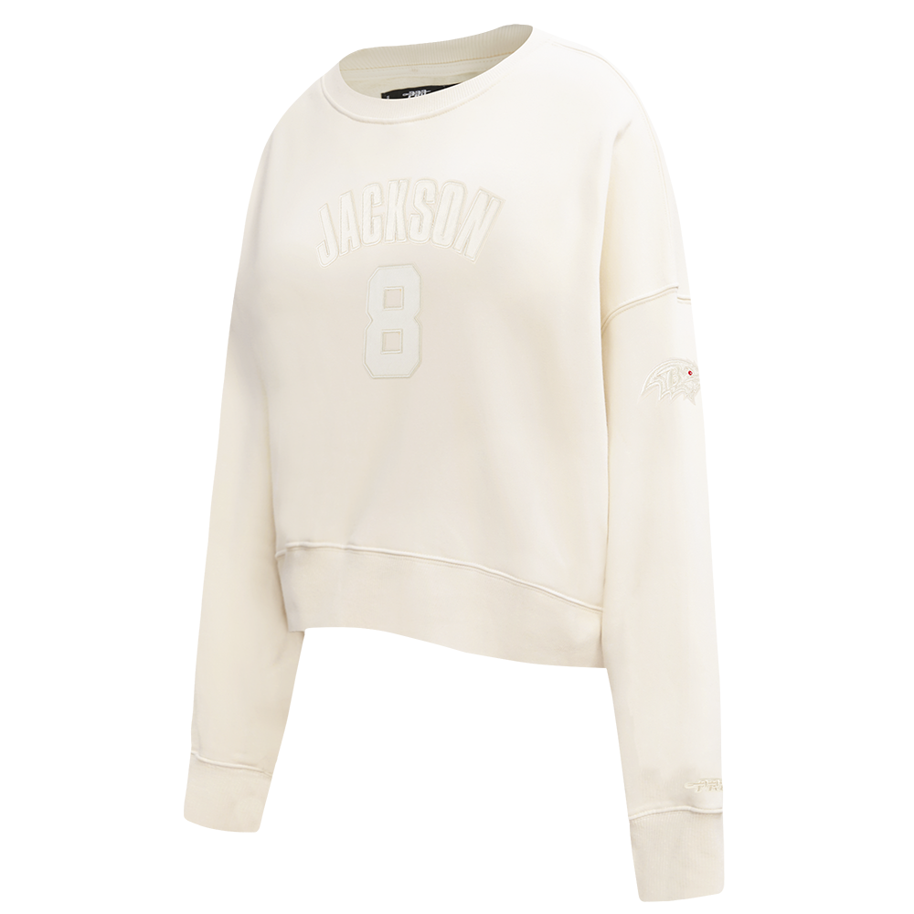 NFL BALTIMORE RAVENS LAMAR JACKSON #8 NEUTRAL CHANDAIL À COL ROND EN MOLLETON POUR FEMME (COQUILLE D'ŒUF)