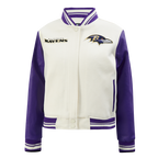 NFL BALTIMORE RAVENS RETRO CLASSIC BLOUSON COLLÉGIAL EN LAINE À BORDS CÔTELÉS POUR FEMME (COQUILLE D'ŒUF/VIOLET)