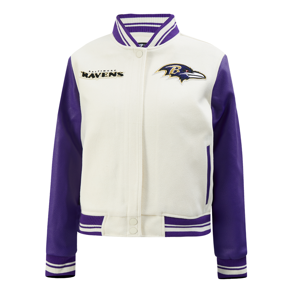 NFL BALTIMORE RAVENS RETRO CLASSIC BLOUSON COLLÉGIAL EN LAINE À BORDS CÔTELÉS POUR FEMME (COQUILLE D'ŒUF/VIOLET)