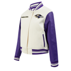 NFL BALTIMORE RAVENS RETRO CLASSIC BLOUSON COLLÉGIAL EN LAINE À BORDS CÔTELÉS POUR FEMME (COQUILLE D'ŒUF/VIOLET)