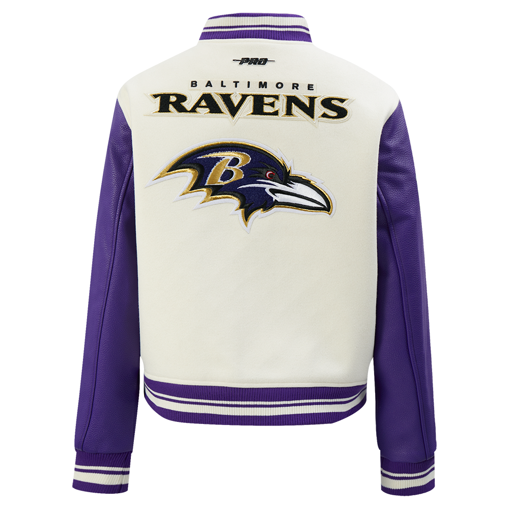 NFL BALTIMORE RAVENS RETRO CLASSIC BLOUSON COLLÉGIAL EN LAINE À BORDS CÔTELÉS POUR FEMME (COQUILLE D'ŒUF/VIOLET)