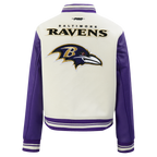 NFL BALTIMORE RAVENS RETRO CLASSIC BLOUSON COLLÉGIAL EN LAINE À BORDS CÔTELÉS POUR FEMME (COQUILLE D'ŒUF/VIOLET)