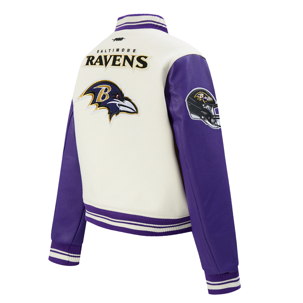 NFL BALTIMORE RAVENS RETRO CLASSIC BLOUSON COLLÉGIAL EN LAINE À BORDS CÔTELÉS POUR FEMME (COQUILLE D'ŒUF/VIOLET)
