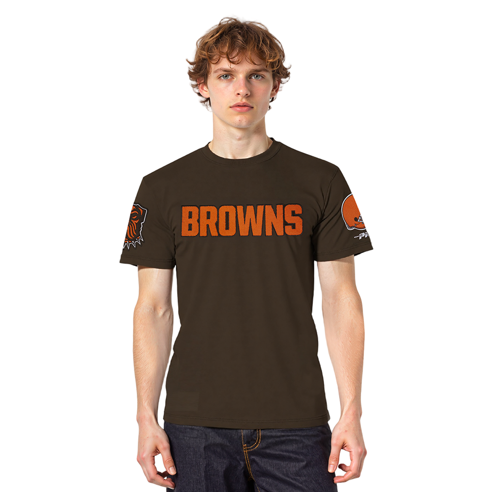 NFL CLEVELAND BROWNS CLASSIC CHENILLE T-SHIRT EN JERSEY SIMPLE POUR HOMME (BRUN)