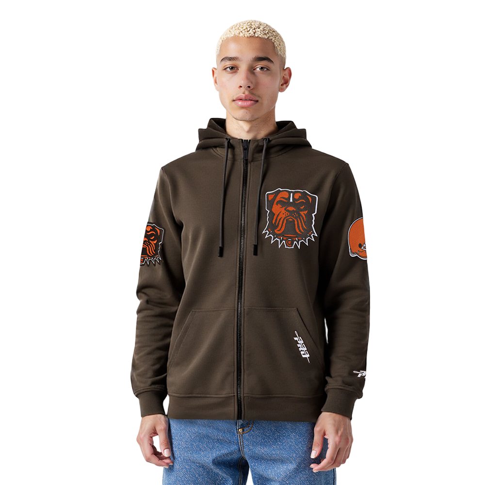 NFL CLEVELAND BROWNS CLASSIC CHENILLE CHANDAIL À CAPUCHON À GLISSIÈRE PLEINE LONGUEUR EN MAILLE DOUBLE POUR HOMME (BRUN)