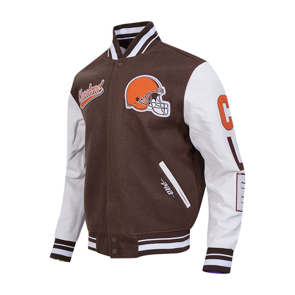 NFL CLEVELAND BROWNS SCRIPT TAIL MEN'S VARSITY JACKET (BROWN/WHITE)