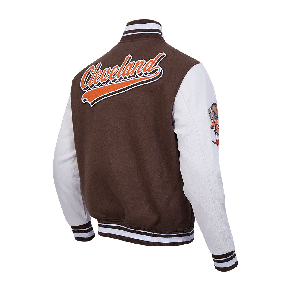 NFL CLEVELAND BROWNS SCRIPT TAIL MEN'S VARSITY JACKET (BROWN/WHITE)
