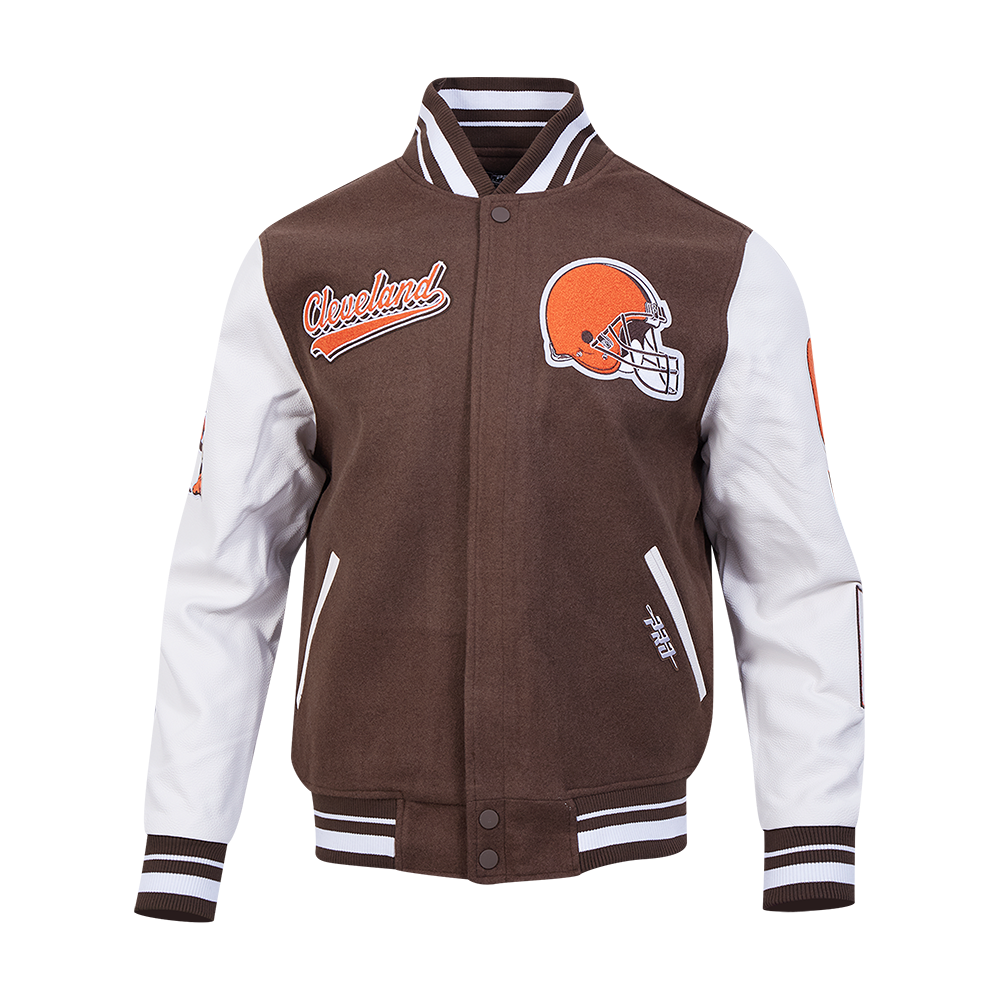 NFL CLEVELAND BROWNS SCRIPT TAIL MEN'S VARSITY JACKET (BROWN/WHITE)