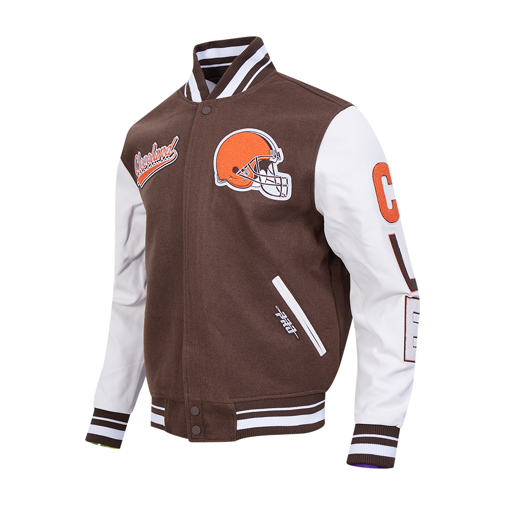NFL CLEVELAND BROWNS SCRIPT TAIL MEN'S VARSITY JACKET (BROWN/WHITE)